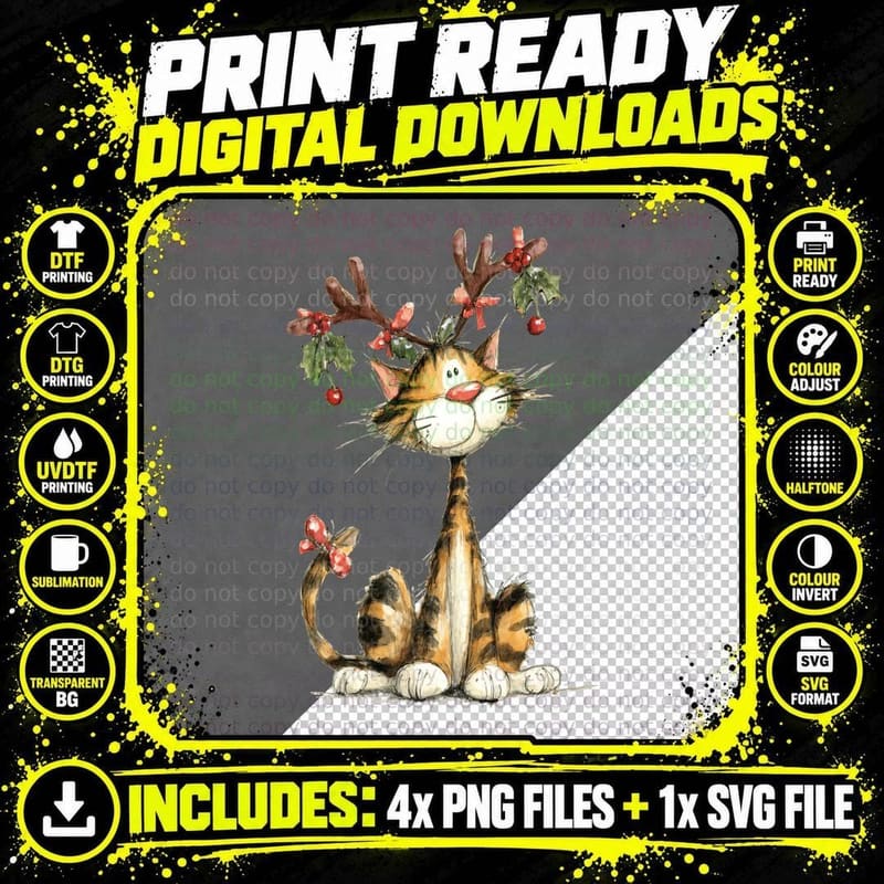 Funny Festive Cat with Reindeer Antlers Holly Berry Png SVG Digital Bundle