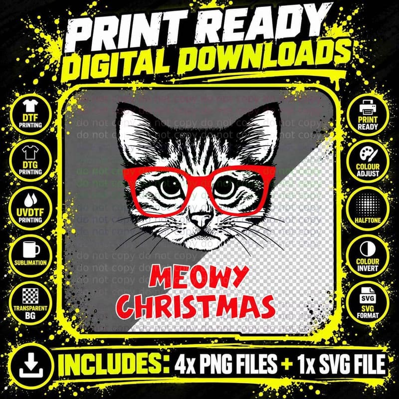 Funny Meowy Christmas Cat Red Glasses Cute Holiday Kitty Png SVG Digital Bundle