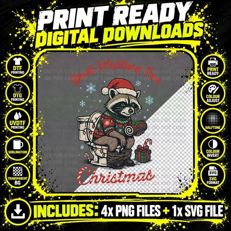 Funny Raccoon Pooping Christmas Yule Log Santa Hat Png SVG Digital Bundle