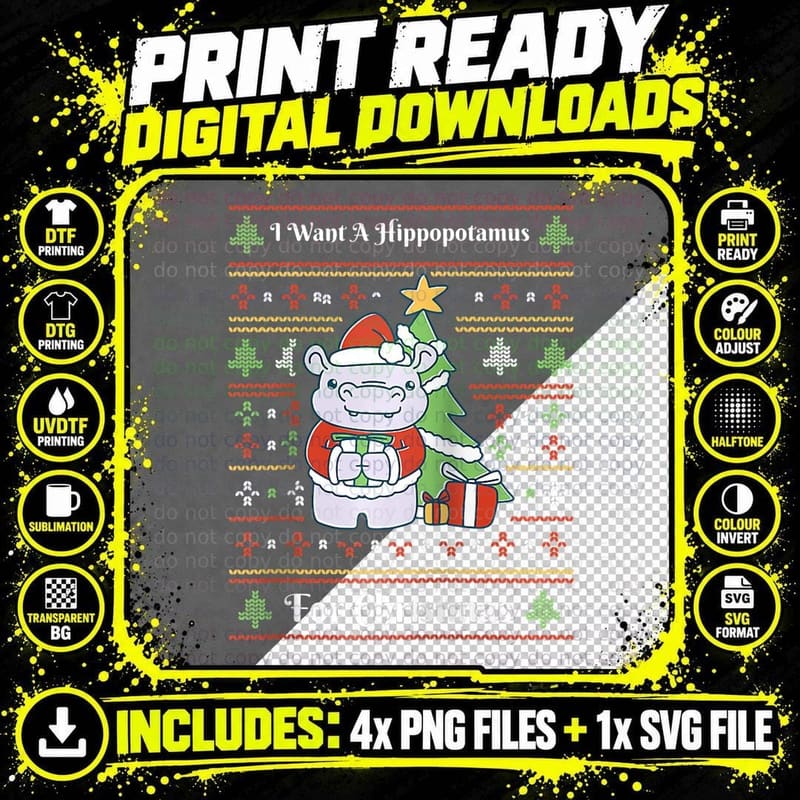 Funny Santa Hippopotamus Christmas Hippo Lover Animal Png SVG Digital Bundle