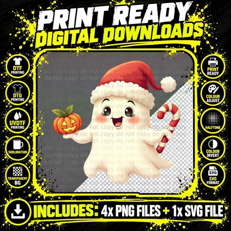 Ghost Santa Hat Candy Cane Jack O' Lantern Spooky Png SVG Digital Bundle