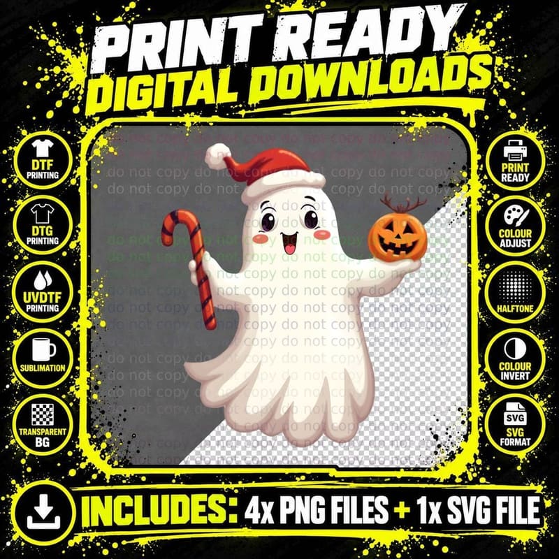 Ghost Santa Hat Candy Cane Pumpkin Spooky Christmas Png SVG Digital Bundle