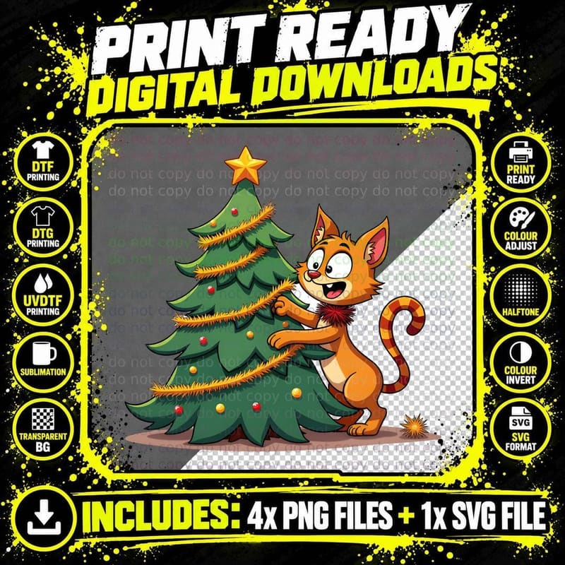 Ginger Cat Hugging Christmas Tree with Red Scarf Holiday Png SVG Digital Bundle