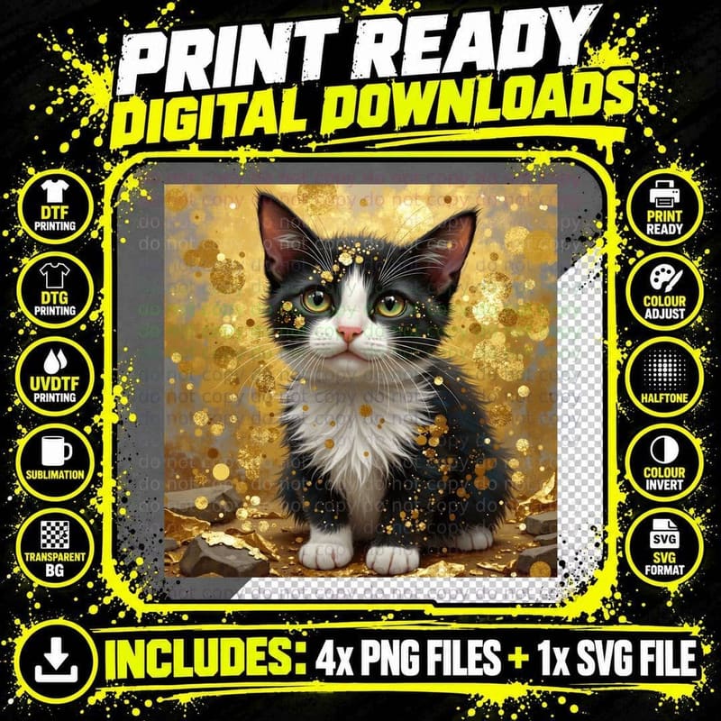 Gold Glitter Tuxedo Cat Yellow Eyes Festive Whimsical Png SVG Digital Bundle