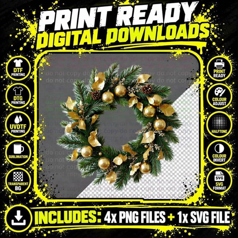 Golden Christmas Wreath T-Shirt Png SVG Digital Bundle