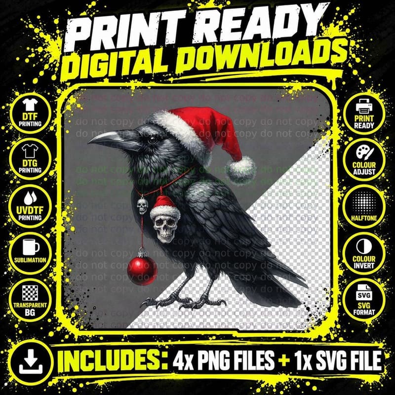Goth Raven Santa Hat Skull Ornament Dark Christmas Crow Png SVG Digital Bundle