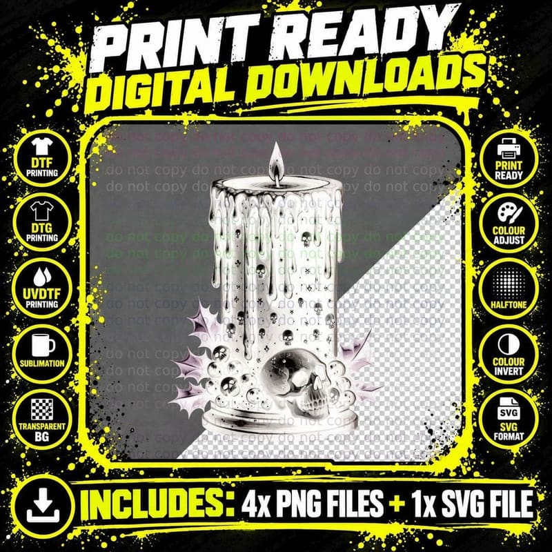 Gothic Black Candle Skull Wax Dark Christmas Macabre Png SVG Digital Bundle