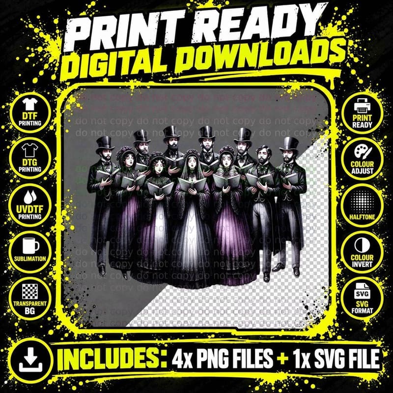 Gothic Christmas Carolers Dark Victorian Choir Creepy Png SVG Digital Bundle
