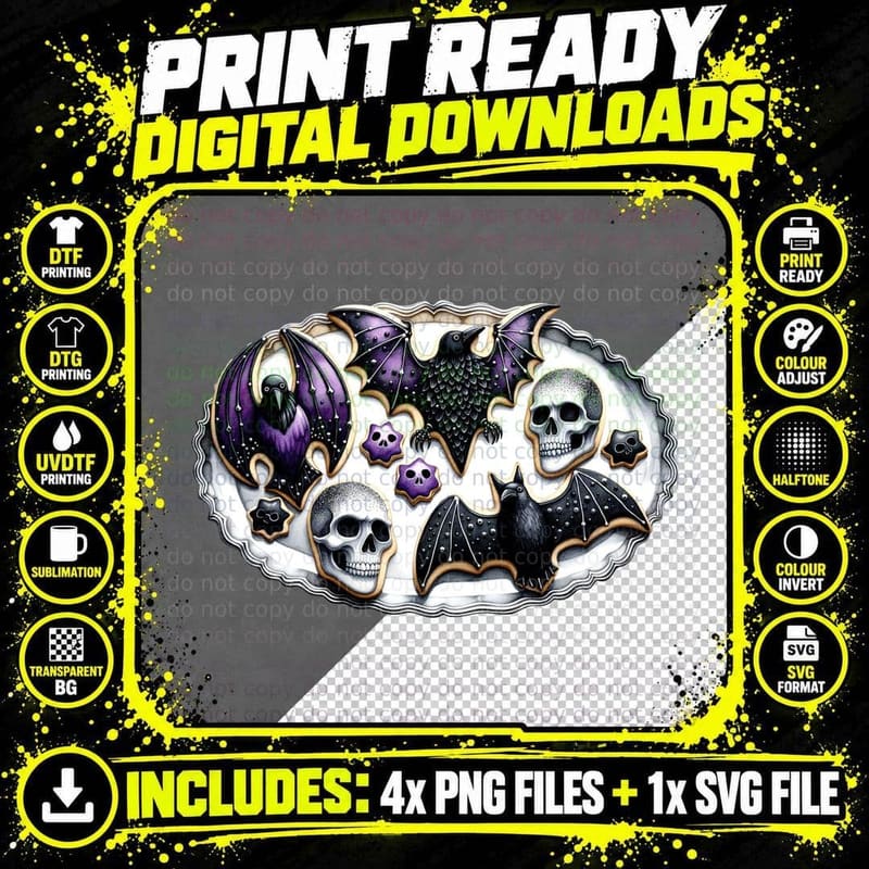 Gothic Christmas Cookies Bats Skulls Ravens Dark Holiday Png SVG Digital Bundle