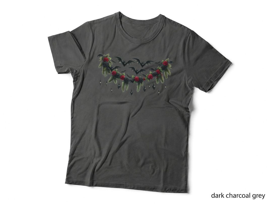 Gothic Christmas Garland Bats Black Roses Dark Holiday T-Shirt