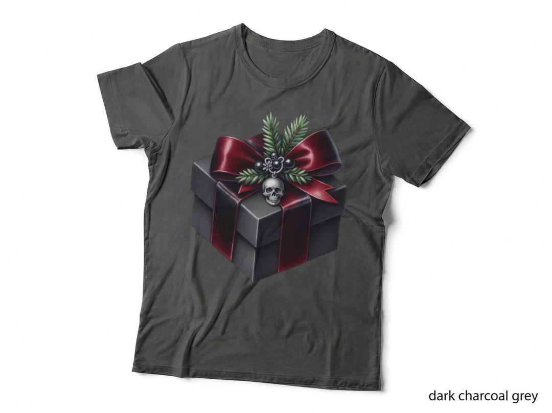 Gothic Christmas Gift Box Skull Red Bow Dark Holiday Aesthetic T-Shirt