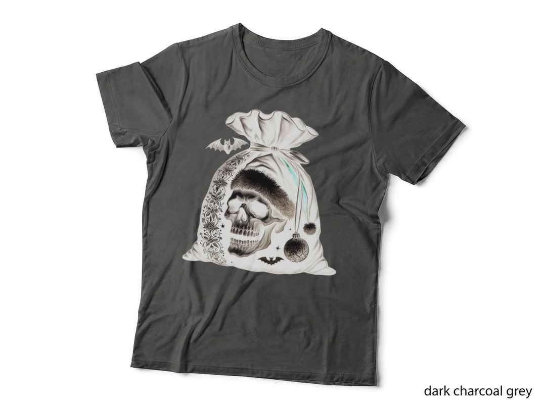 Gothic Christmas Santa Bag Skull Black Dark Bat Holiday T-Shirt