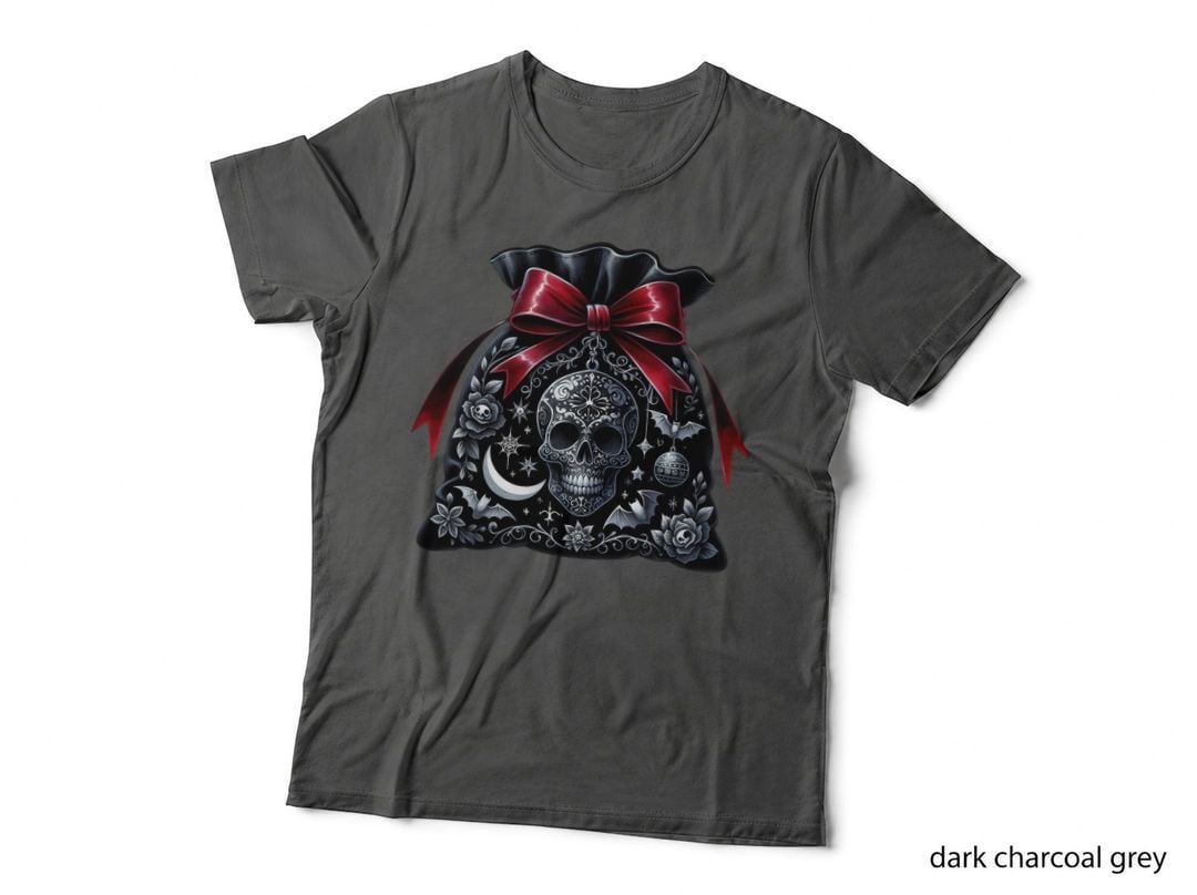 Gothic Christmas Santa Bag Sugar Skull Black Red Dark Holiday T-Shirt