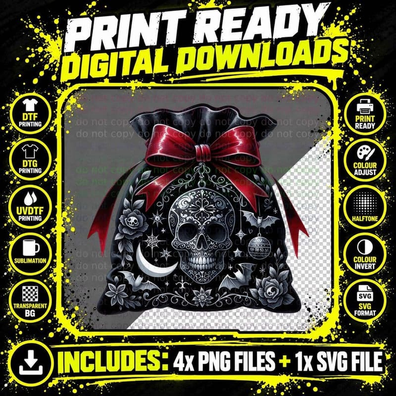 Gothic Christmas Santa Bag Sugar Skull Black Red Dark Png SVG Digital Bundle