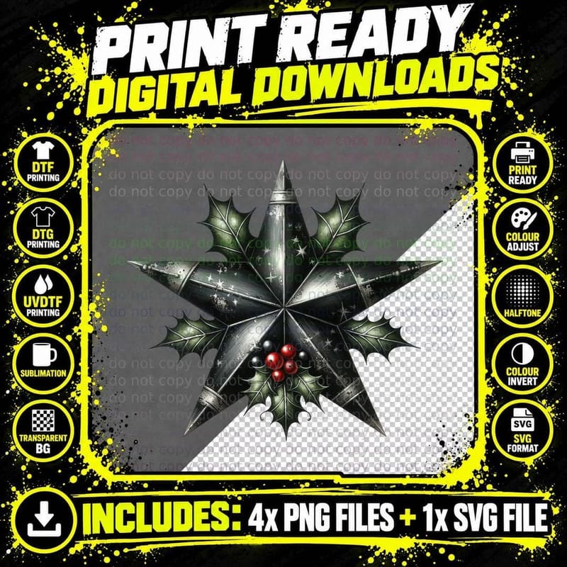 Gothic Christmas Star Dark Holly Metal Holiday Witchy Png SVG Digital Bundle