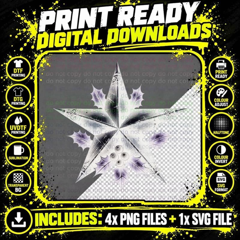 Gothic Christmas Star Holly Dark Holiday Punk Ornament Png SVG Digital Bundle