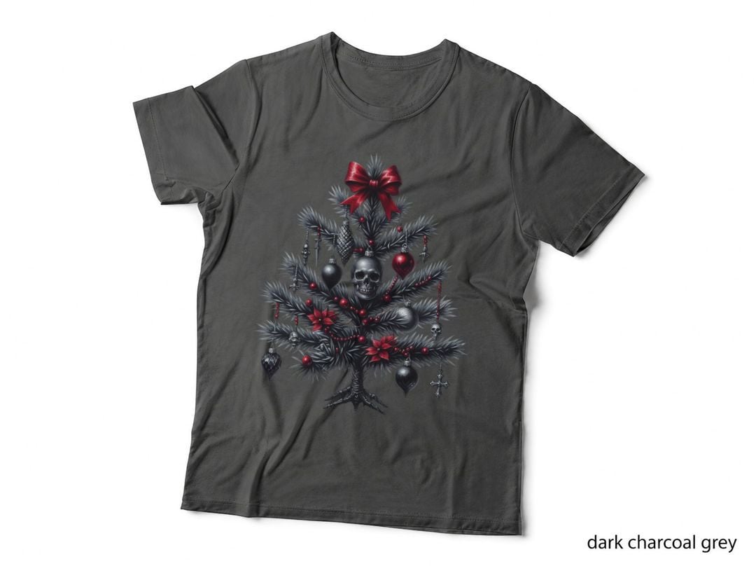 Gothic Christmas Tree Skull Black Red Dark Poinsettia T-Shirt