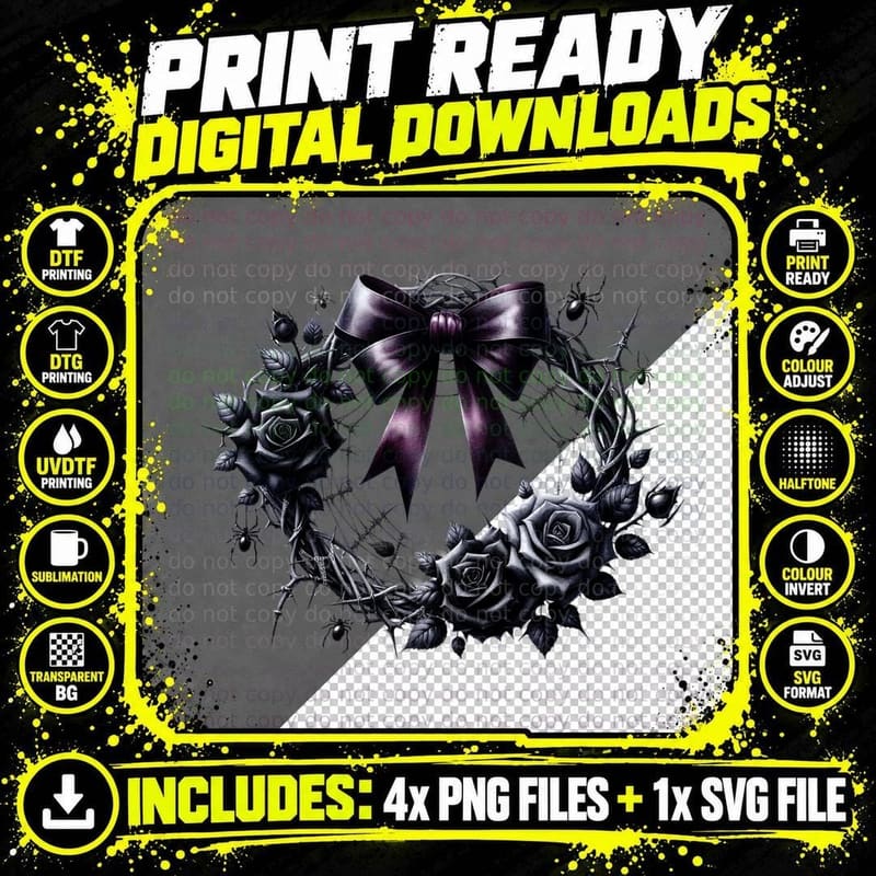 Gothic Christmas Wreath Black Roses Spiders Dark Goth Png SVG Digital Bundle