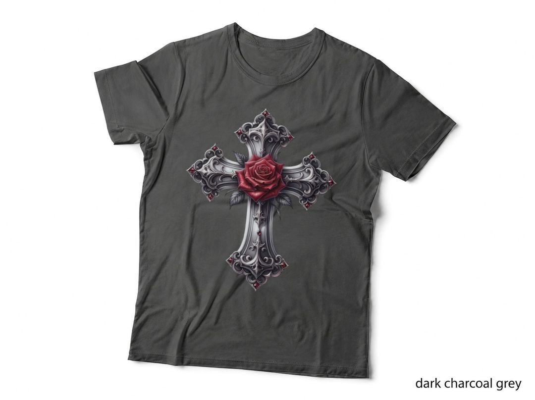 Gothic Cross Red Rose Dark Christmas Elegant Macabre Holiday T-Shirt