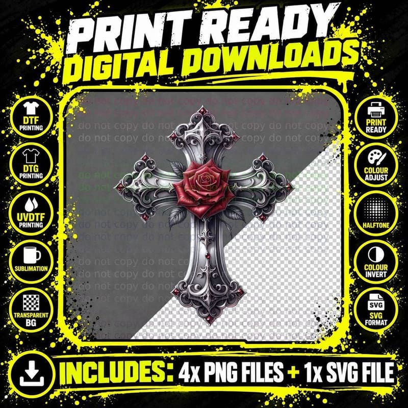 Gothic Cross Red Rose Dark Christmas Elegant Macabre Png SVG Digital Bundle