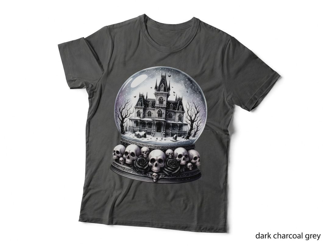 Gothic Haunted Mansion Snow Globe Skull Roses Christmas T-Shirt