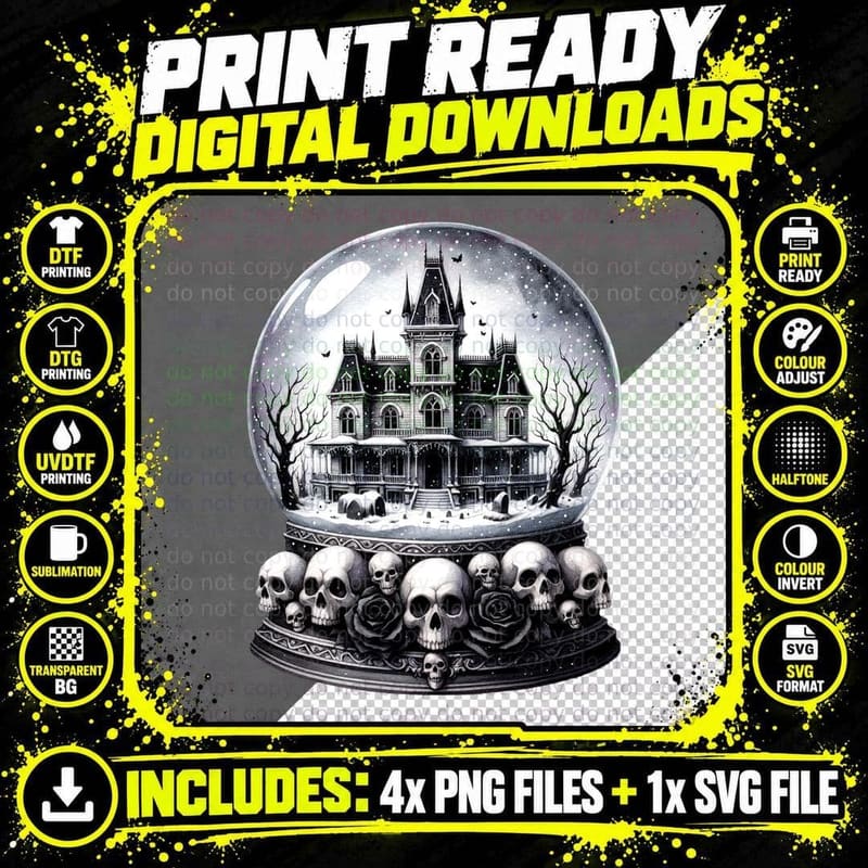 Gothic Haunted Mansion Snow Globe Skull Roses Christmas Png SVG Digital Bundle