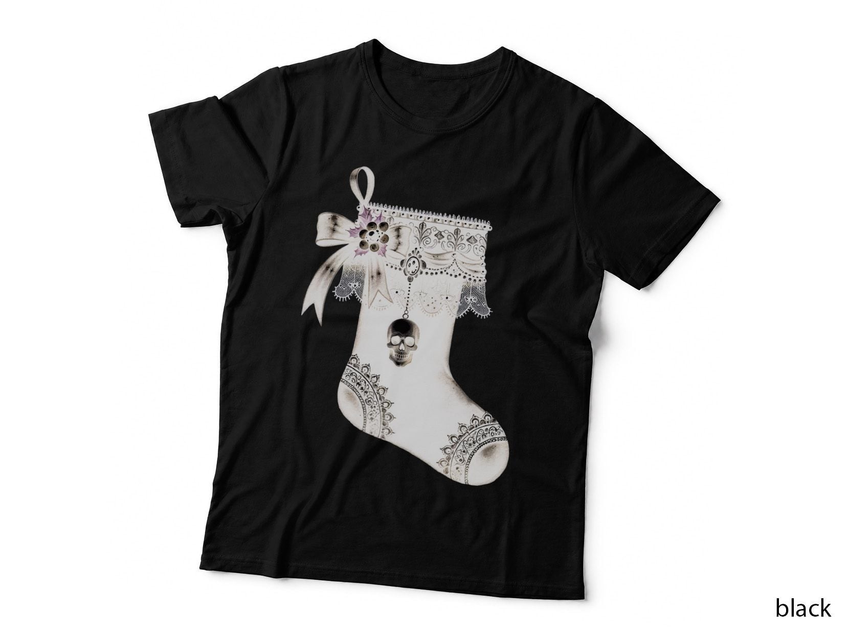Gothic Skull Christmas Stocking Black Lace Dark Holiday T-Shirt