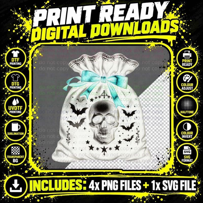 Gothic Skull Gift Bag Dark Christmas Witchy Holiday Png SVG Digital Bundle