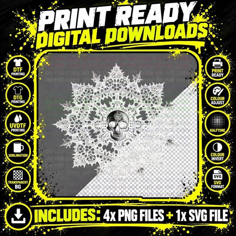 Gothic Skull Snowflake Black Metal Dark Winter Christmas Png SVG Digital Bundle