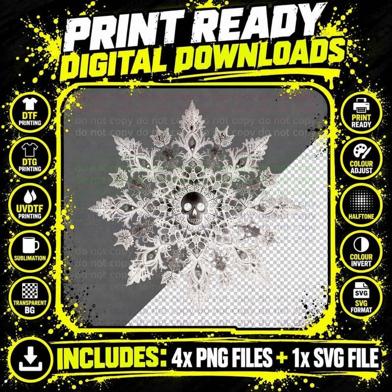 Gothic Skull Snowflake Dark Winter Christmas Witchy Png SVG Digital Bundle