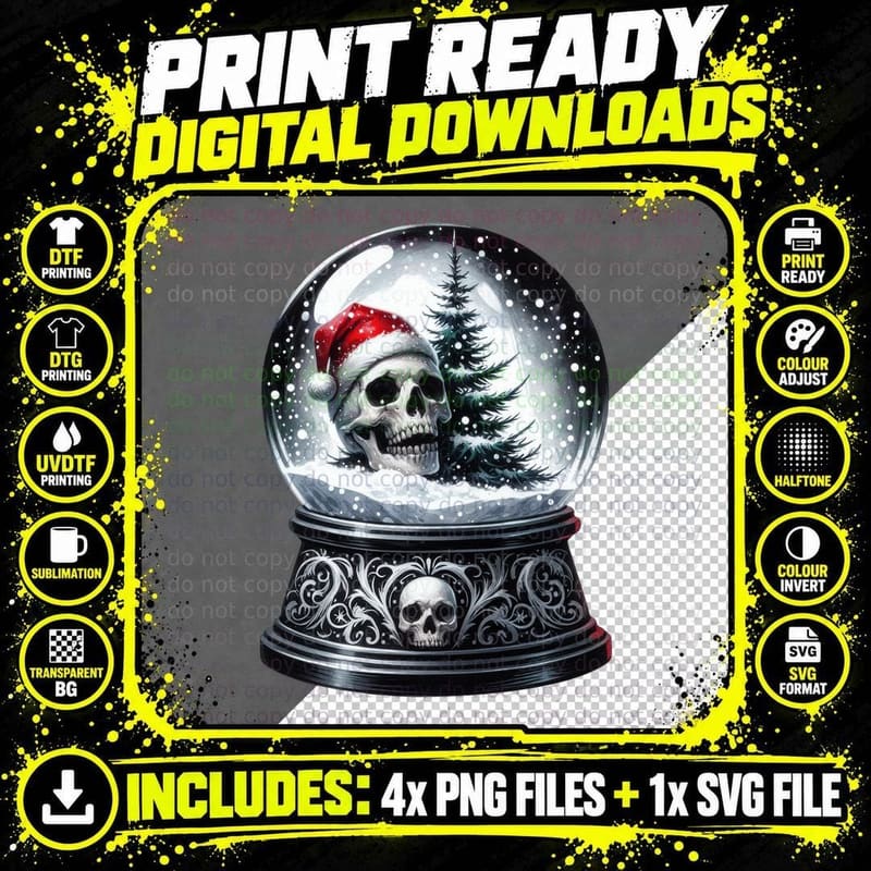 Gothic Snow Globe Skull Santa Hat Dark Christmas Macabre Png SVG Digital Bundle