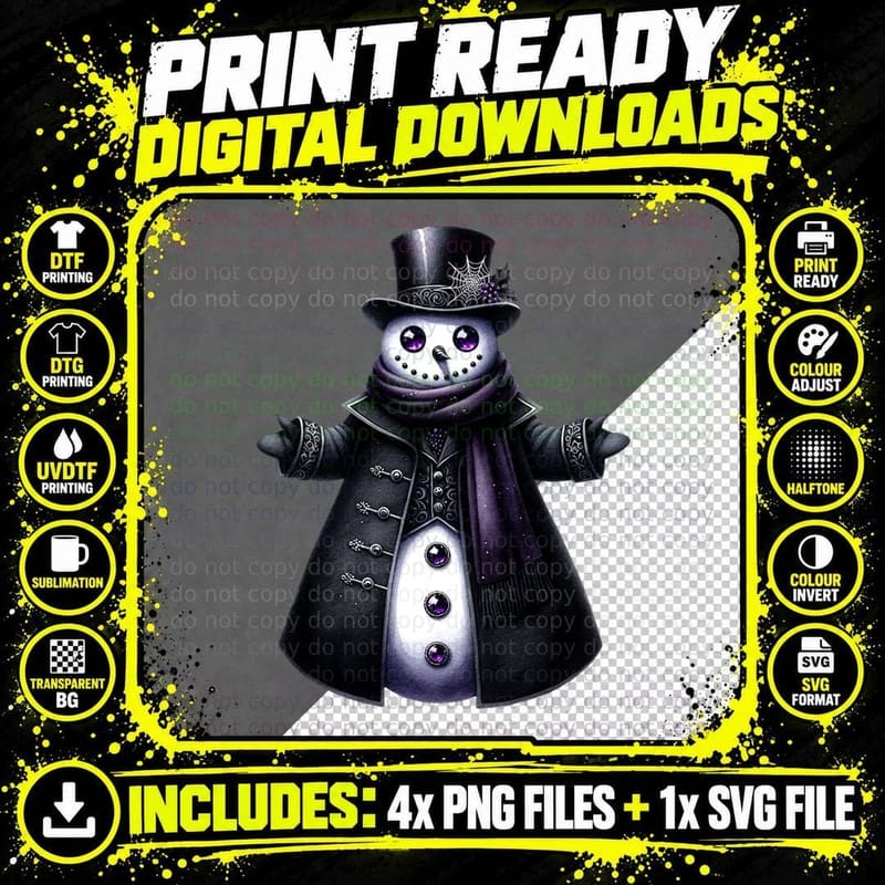 Gothic Snowman Purple Eyes Black Coat Dark Christmas Png SVG Digital Bundle