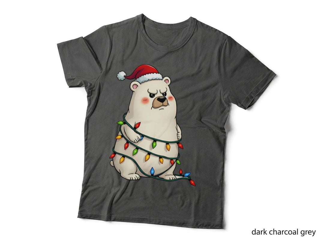 Grumpy Polar Bear Tangled in Christmas Lights T-Shirt