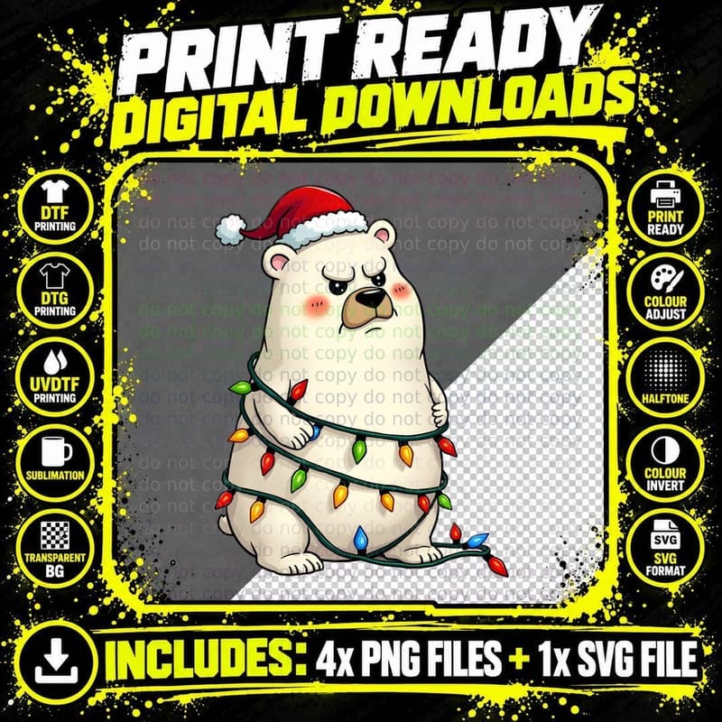 Grumpy Polar Bear Tangled in Christmas Lights T-Shirt Png SVG Digital Bundle