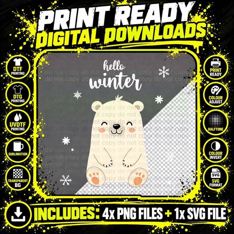 Hello Winter Cute Polar Bear & Snowflakes Christmas Png SVG Digital Bundle