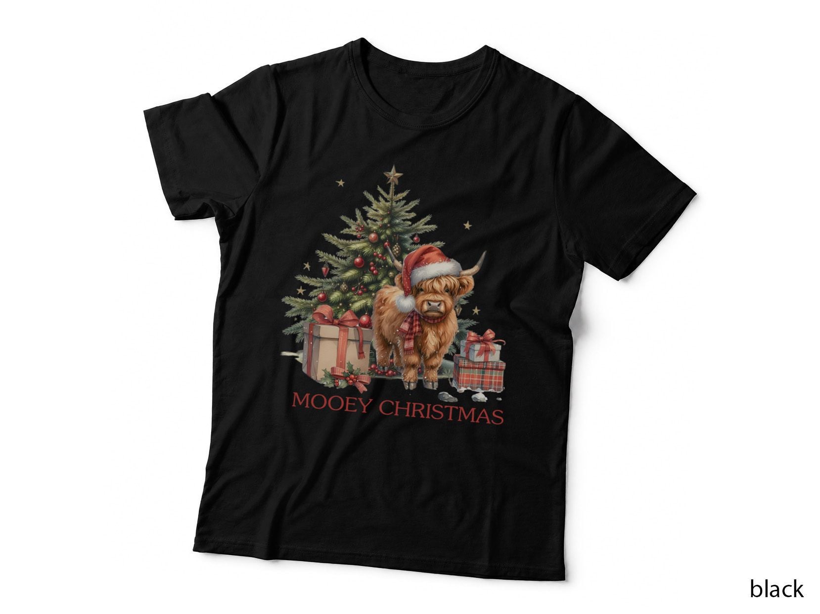 Highland Cow with Santa Hat Christmas Tree and Gifts Farm Holiday T-Shirt