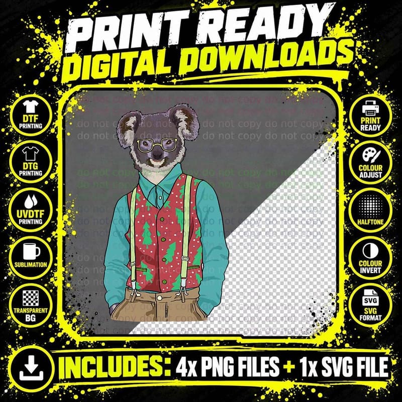 Hipster Koala Christmas Australian Animal Koala Bear Png SVG Digital Bundle