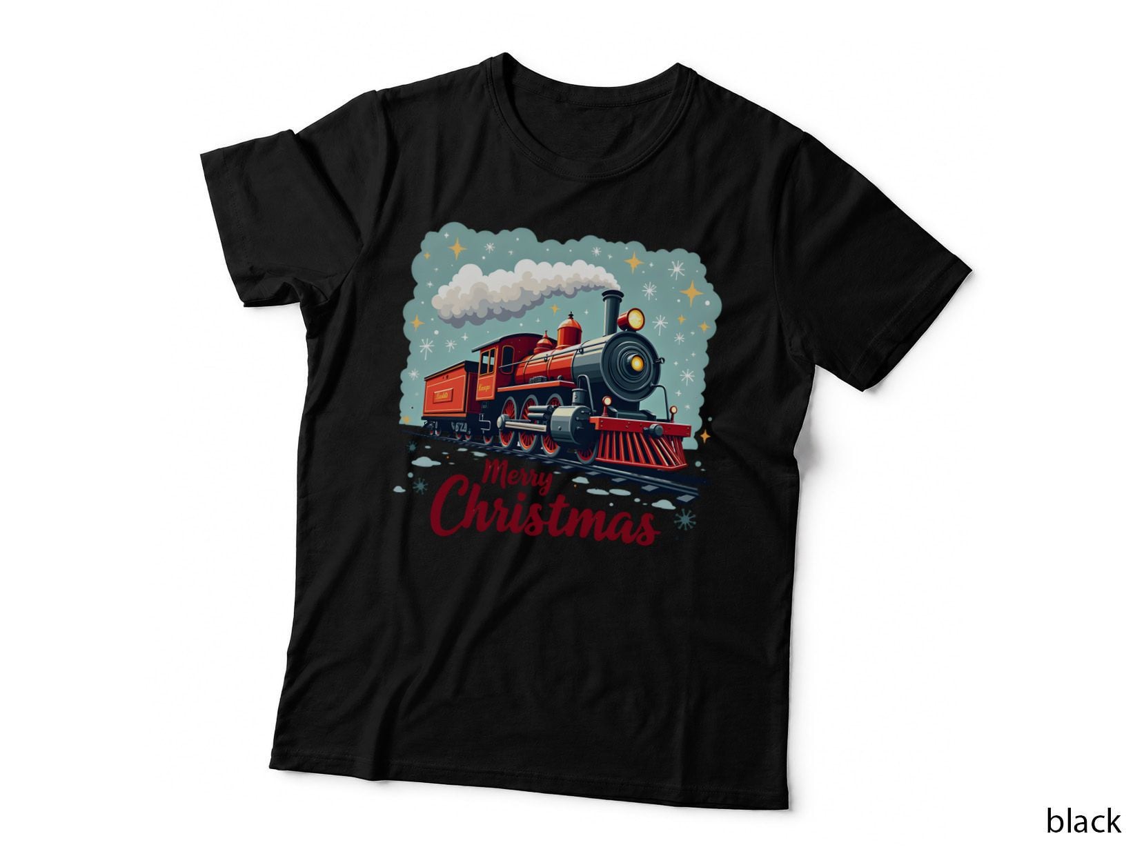 Holiday Locomotive Train Merry Christmas Stars Snowflakes Winter Season T-Shirt