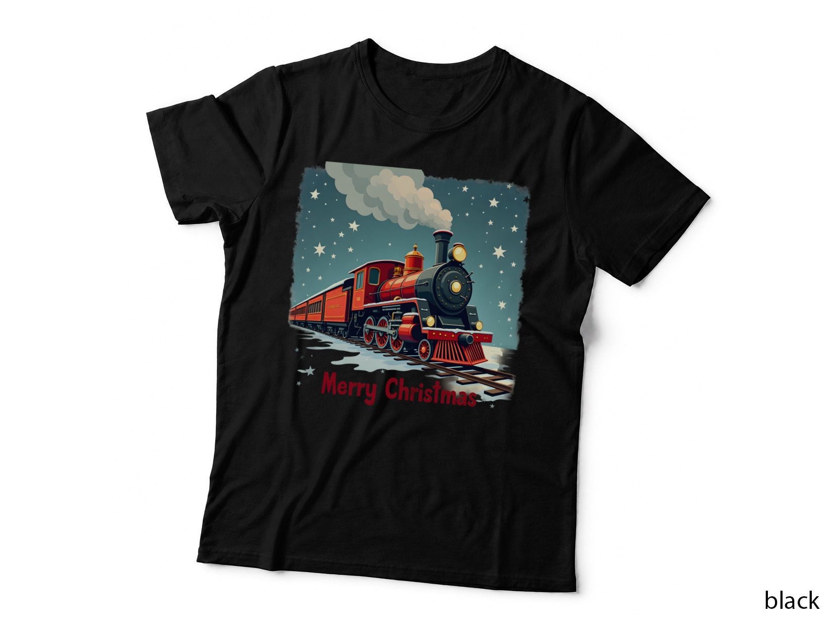 Holiday Long Locomotive Train Merry Christmas Stars Snowflakes Winter T-Shirt
