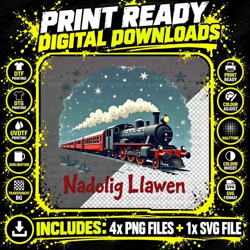 Holiday Train Nadolig Llawen Stars Snowflakes Welsh Png SVG Digital Bundle