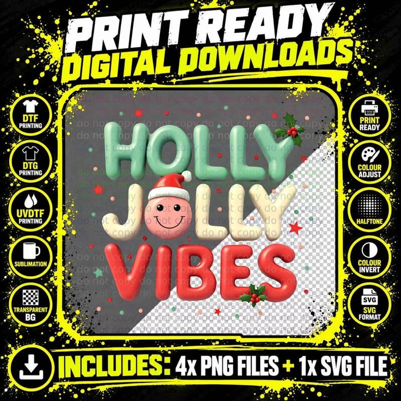 Holly Jolly Vibes Cute Smiley Santa Christmas Holiday Png SVG Digital Bundle