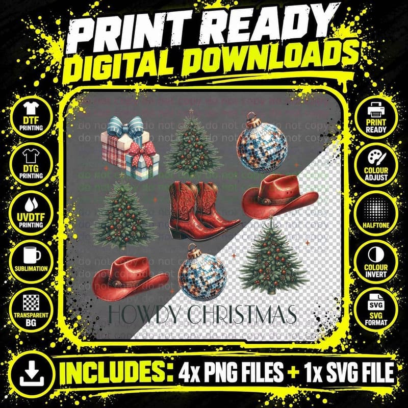 Howdy Christmas Cowboy Boots Hat Disco Ball Country Png SVG Digital Bundle