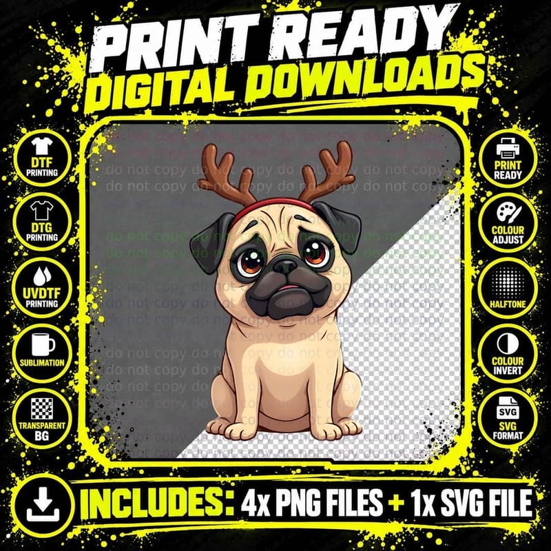 Humorous Pug in Reindeer Antlers T-Shirt Png SVG Digital Bundle