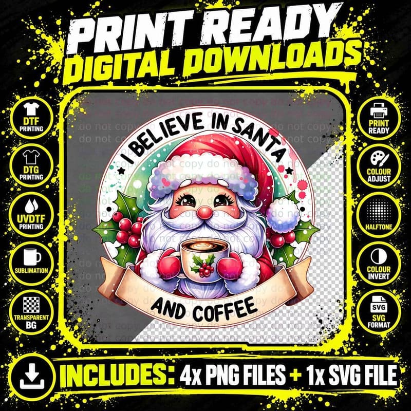 I Believe in Santa and Coffee, Trendy Outfit Png SVG Digital Bundle
