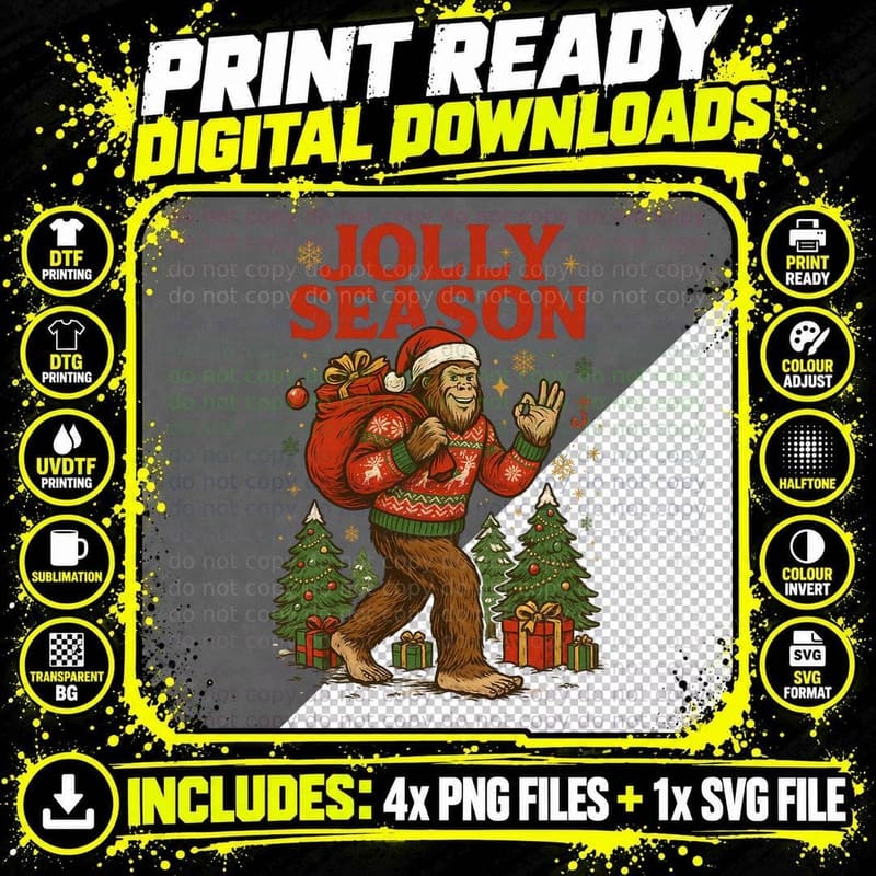 Jolly Season Bigfoot Christmas Funny Sasquatch Holiday Png SVG Digital Bundle