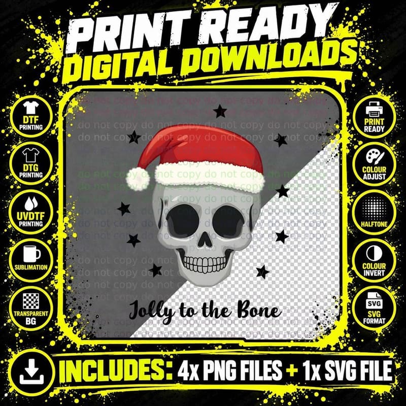 Jolly to the Bone Christmas Skull Santa Hat Stars T-Shirt Png SVG Digital Bundle