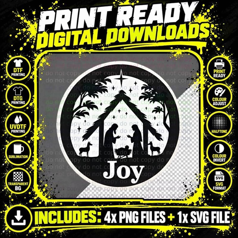 Joy Nativity Scene Silhouette Christian Christmas Png SVG Digital Bundle