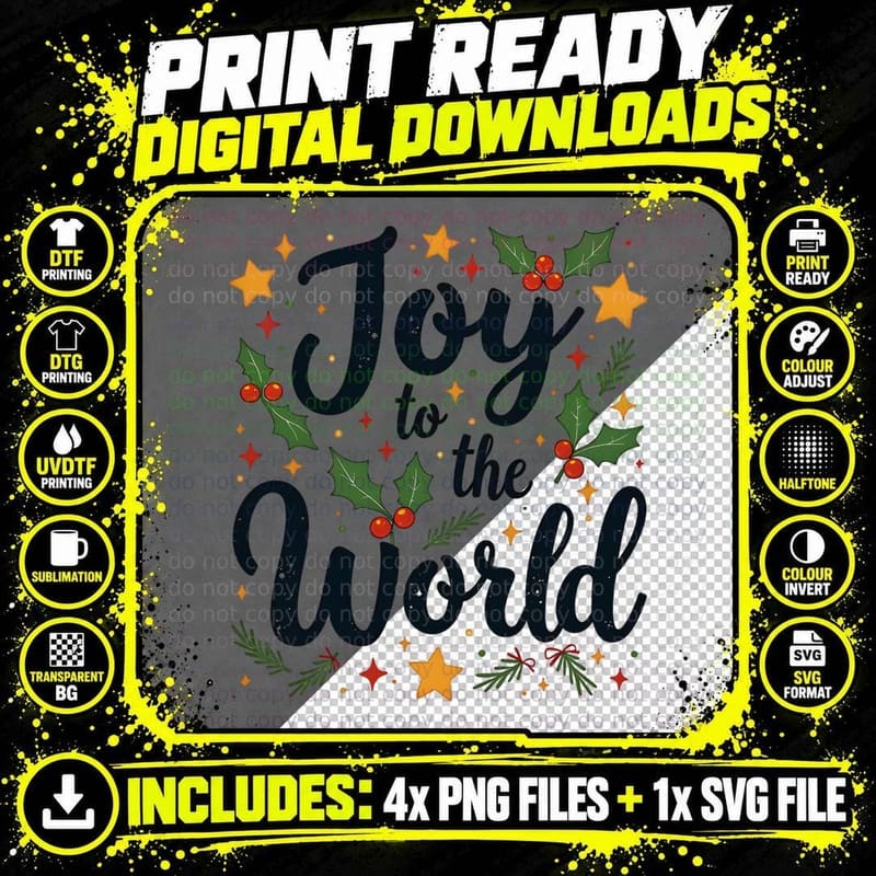 Joy to the World Christmas Stars Holly Festive Holiday Png SVG Digital Bundle