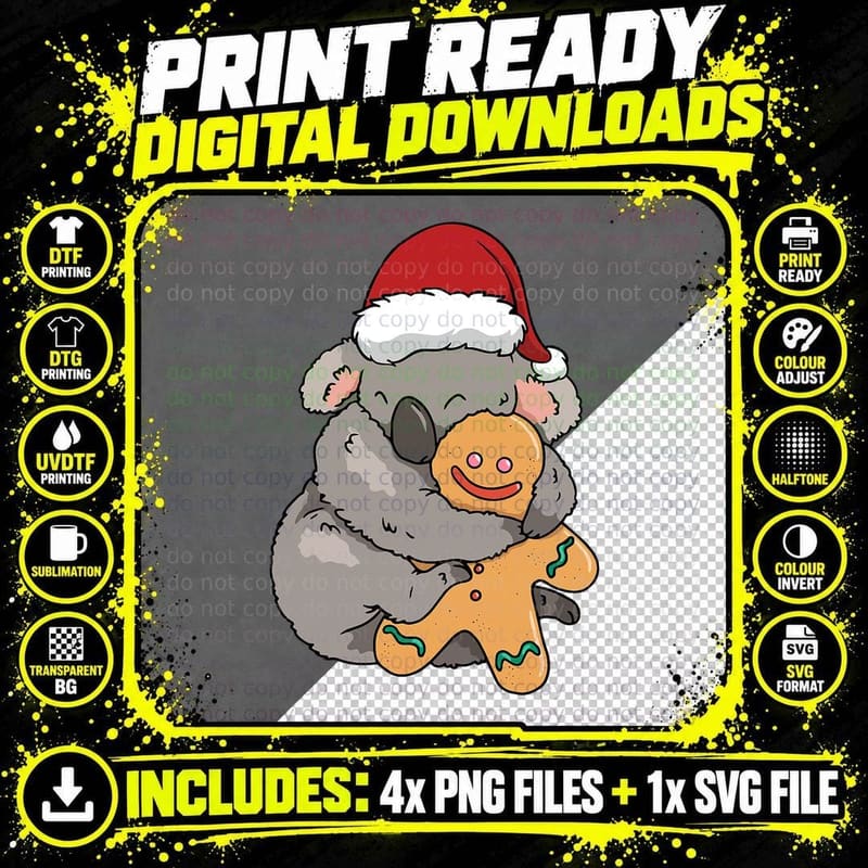 Koala Gingerbread Christmas Pajama Cute Zoo Animal X-Mas Png SVG Digital Bundle