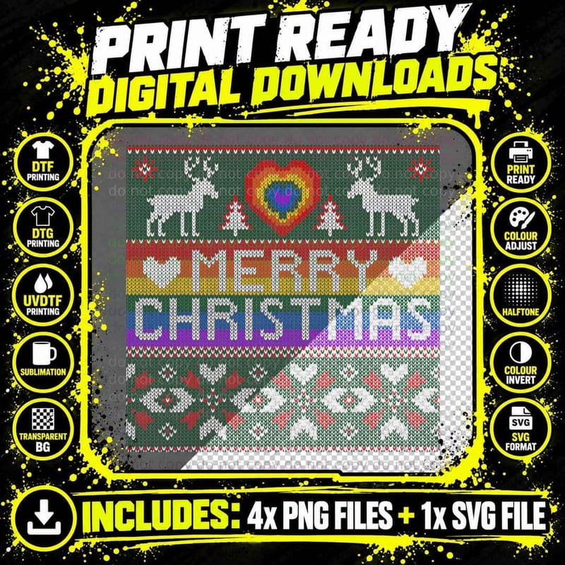 LGBT Ugly Christmas Sweater Shirt Lesbian Gay Flag Heart Png SVG Digital Bundle